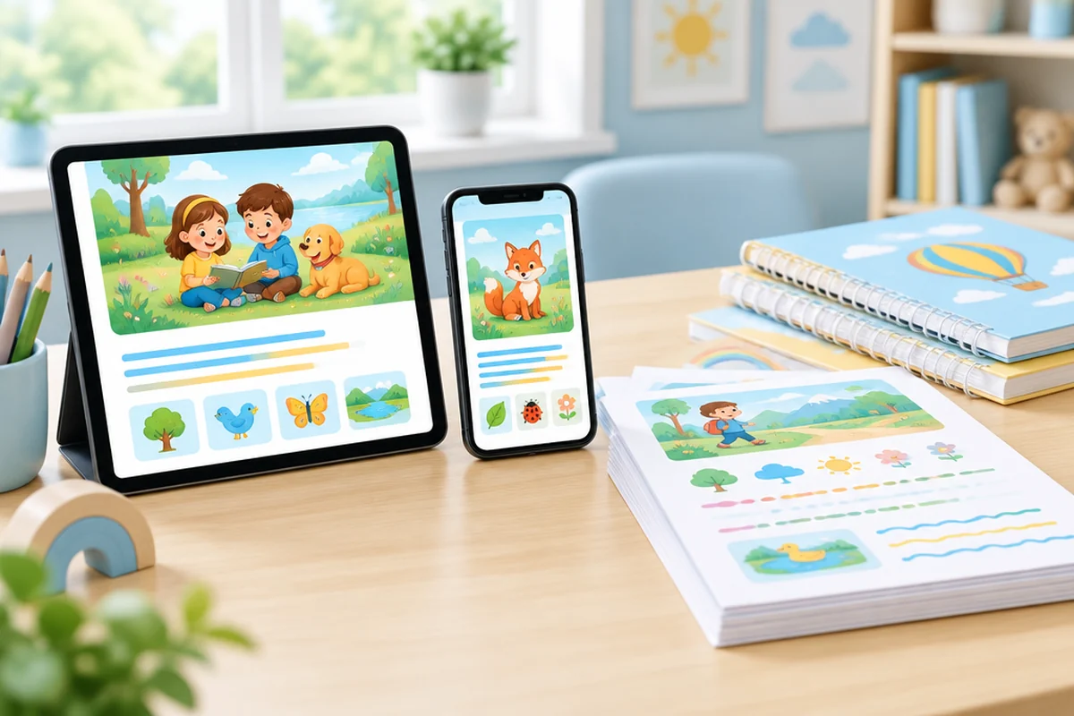 El material abierto en una tablet y un celular, junto a las páginas impresas