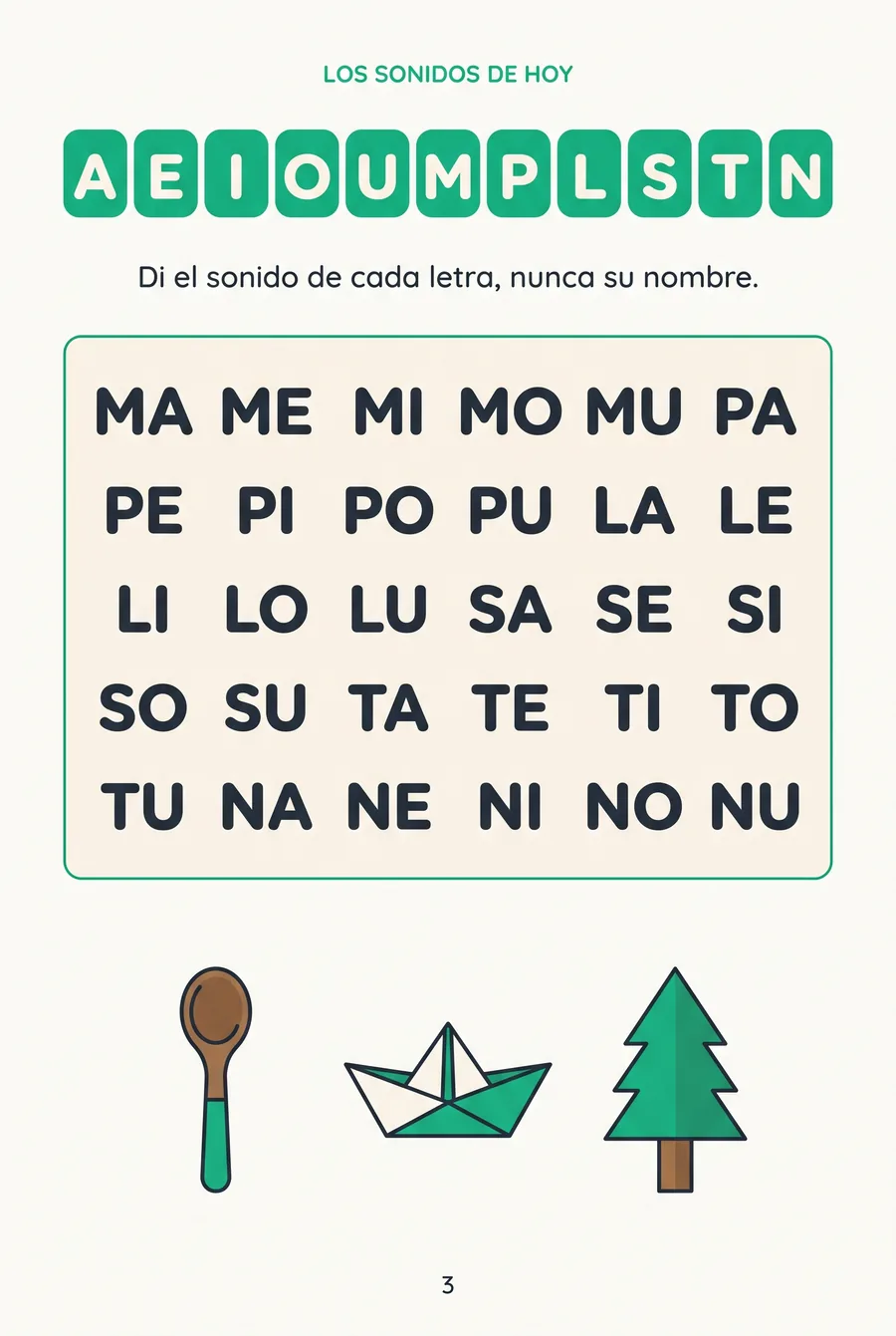 Página de sonidos del Libro 1: el abecedario y el cuadro de sílabas simples