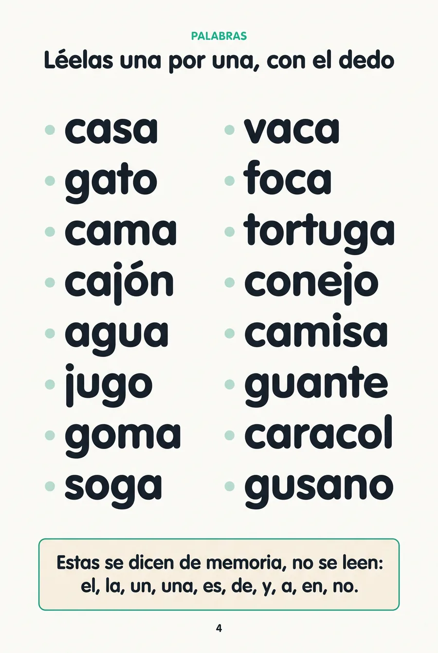 Página de palabras del Libro 5, para leer una por una con el dedo