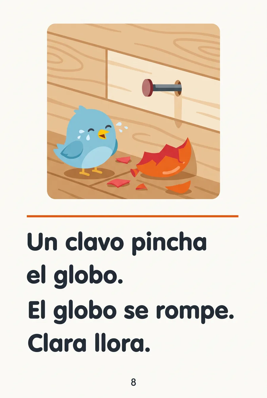 Página de cuento del Libro 16: un clavo pincha el globo