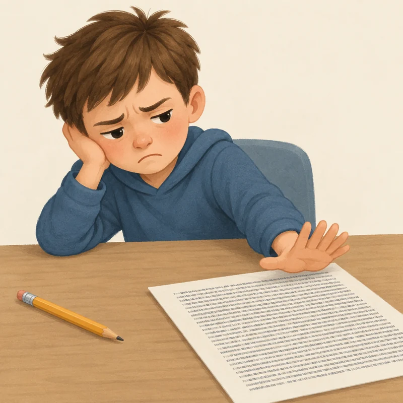 Un chico frustrado ante una página de texto que le queda grande