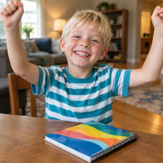 Lucas festejando después de leer su libro solo